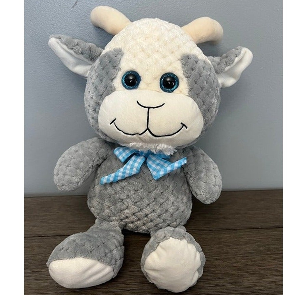 Kellytoy Grey White Goat Plush Textured Waffle Fabric Blue Gingham Bow Toy